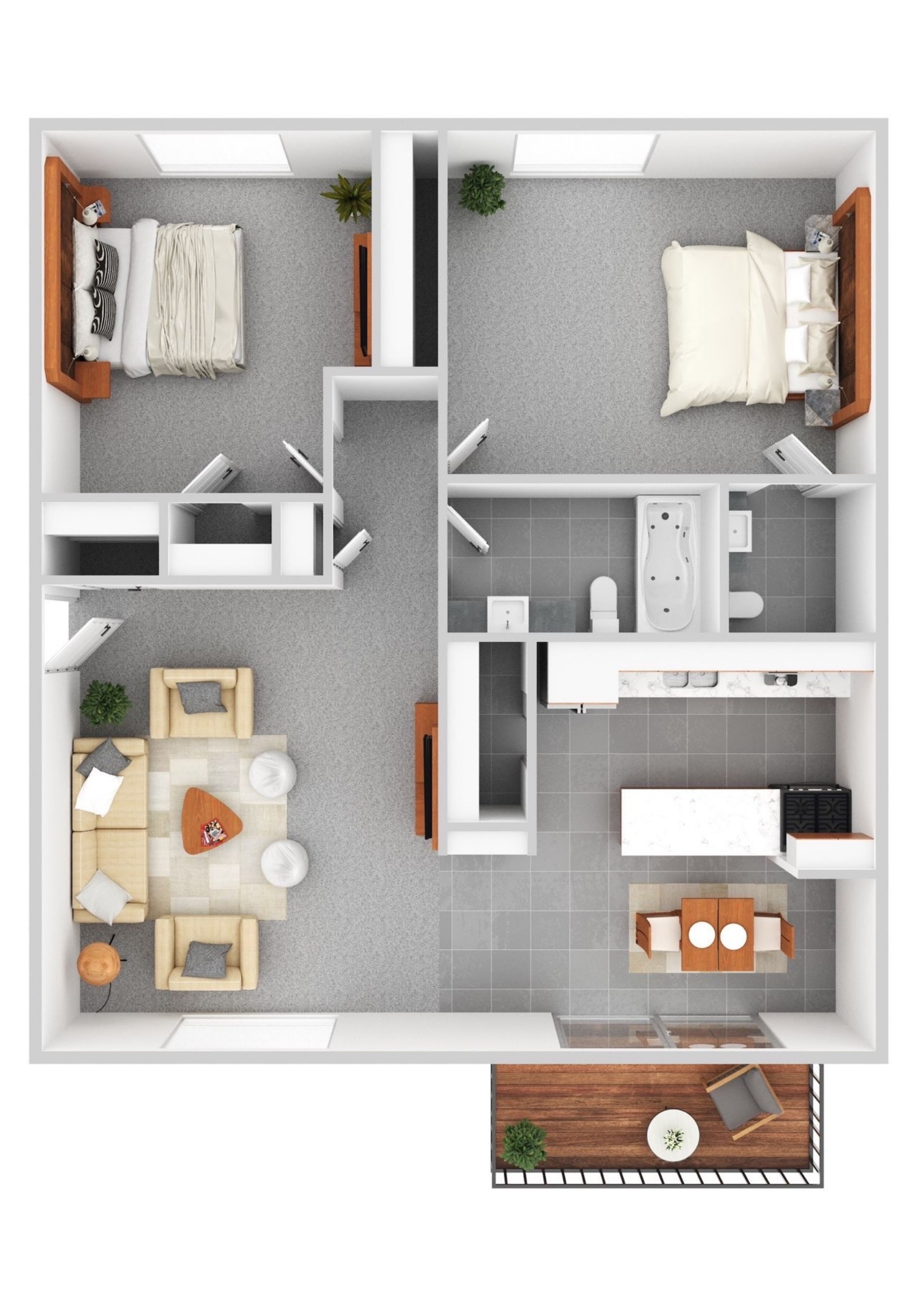 Floor plan for 2 beds, 1.5 baths, 998 sqft